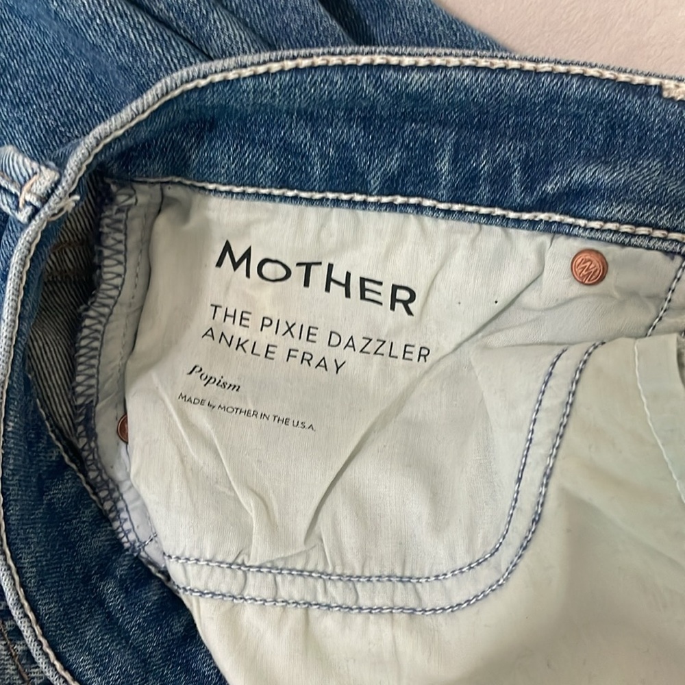 MOTHER Straight Leg Jeans in Faded Blue with Frayed Hem - Picture 4 of 5